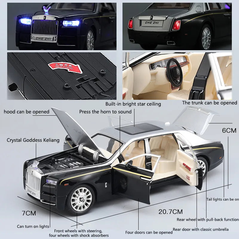 New 1:24 Rolls-Royce Phantom Starry Sky Top Car Simulation Sound And Light Pull Back Alloy Car Model Decoration Boy Toy Car Gift